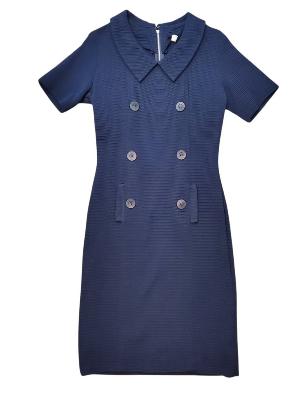 Vintage 60s Women's Navy Blue Collared Short Sleeve Knee-Length Dress - Size 4